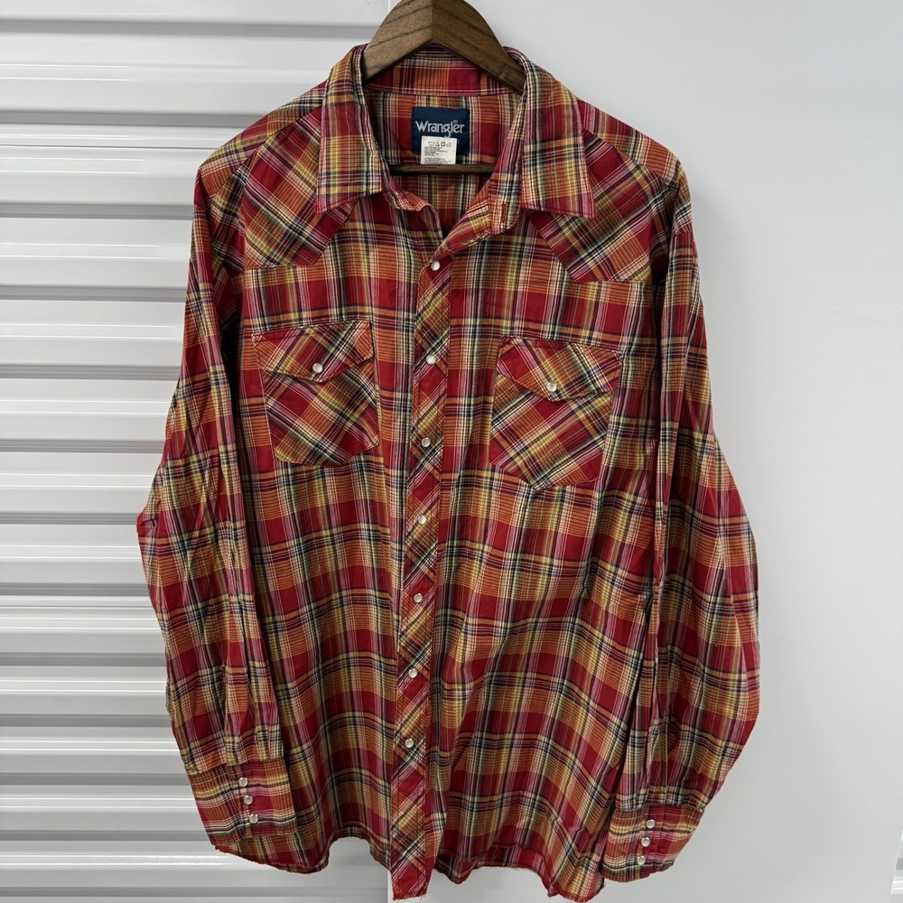 Wrangler Western Shirt Mens 2XT Tall Pearl Snap Plaid Cowboy Red